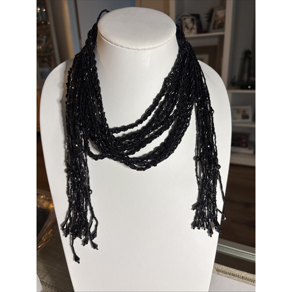 63" Long Black Multi Strand Beaded Scarf Necklace Wrap Lariat Fringe